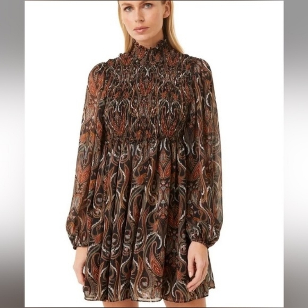 MISA‎ Los Angeles Jess Spartina Paisley Brown Smocked Mini Dress Size Large